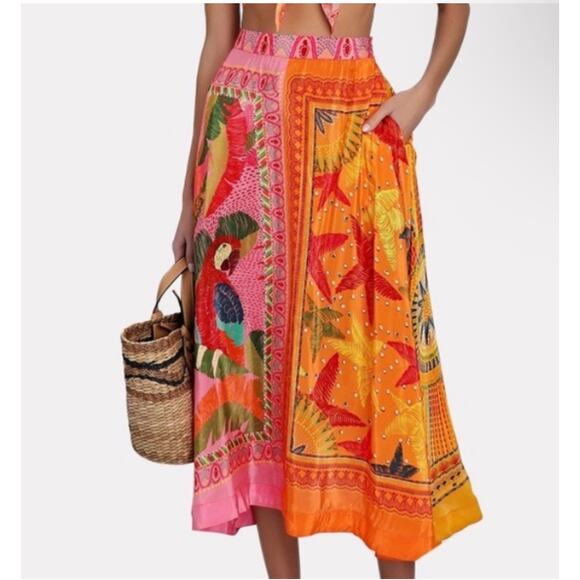 Farm Rio Mixed Scarves Midi Skirt in Multi Color A-Line Size Large NWOT